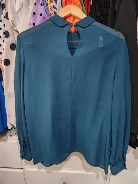 Blue Green Sheer Peter Pan Collar Top On Carousell