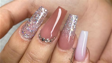 Acrylic Nail Tutorial Long Nude And Glitter Youtube