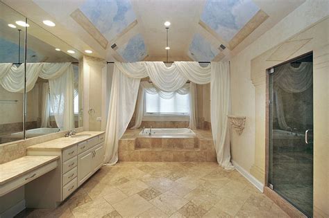 Contemporary Bathroom With Sky Mural Ceiling Earth Tone Color Scheme