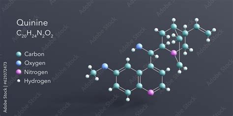 Quinine Molecule 3d Rendering Flat Molecular Structure With Chemical Formula And Atoms Color