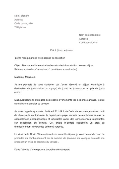 Lettre pour demander l indemnisation ou le report d un voyage annulé