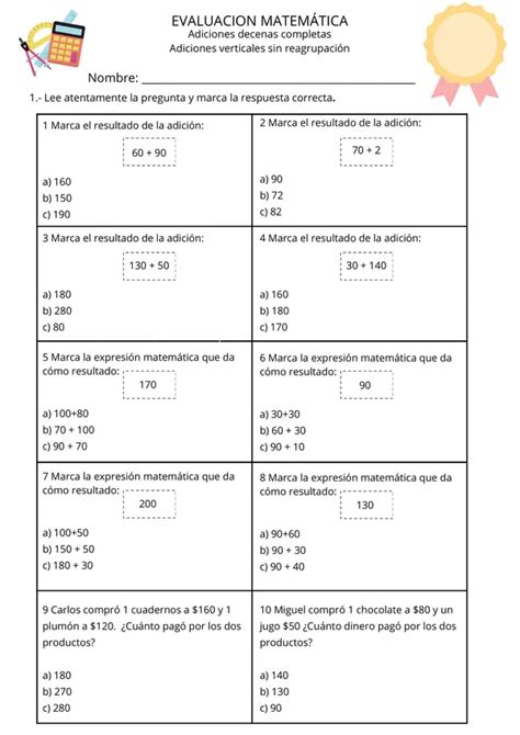 Evaluacion suma con reserva y resultado de 3 dígitos profe social