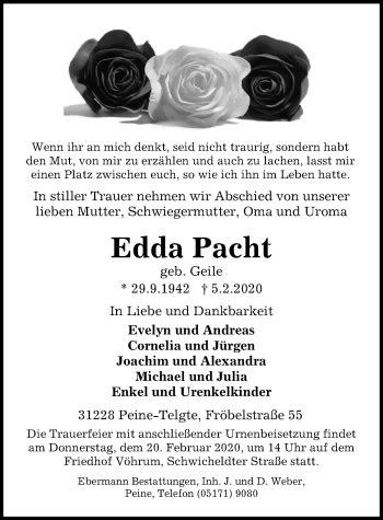 Traueranzeigen Von Edda Pacht Trauer Anzeigen De