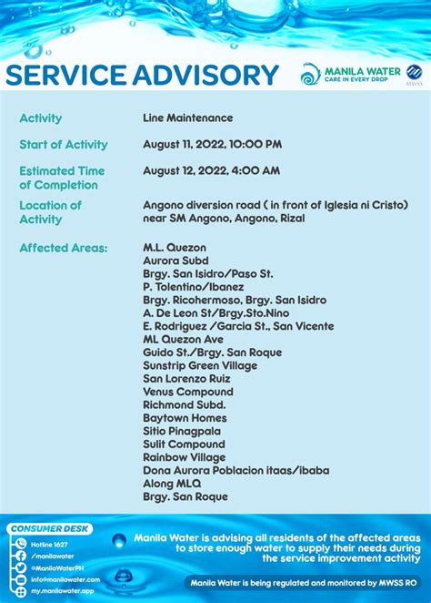 Manila Water On Twitter SERVICE ADVISORY Maintenance Activity On