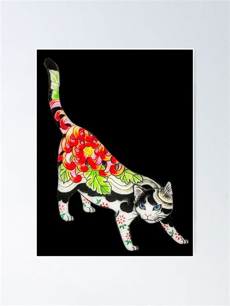 Antique Japanese Woodblock Watercolor Print Cat With Flower Tattoos Poster For Sale By