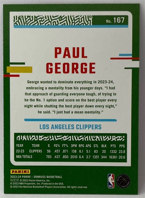 Donruss Basketball Paul George Holo Green Laser La