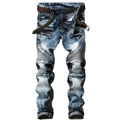 New Fashion Mens Biker Jeans Pants Slim Fit Pleated Motocycle Denim Trousers Brand Designer