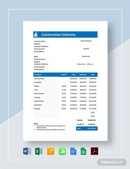 Free Construction Estimate Samples In Ms Word Ms Excel Pages