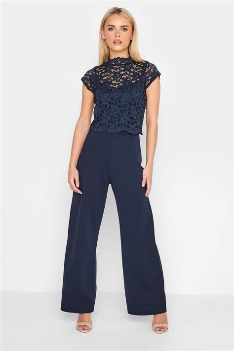 Petite Dark Navy Blue Lace Wide Leg Jumpsuit Pixiegirl