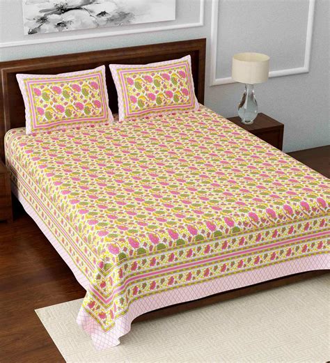 Buy Yellow Floral 108 Tc Cotton King Sized Bed Sheets With 2 Pillow