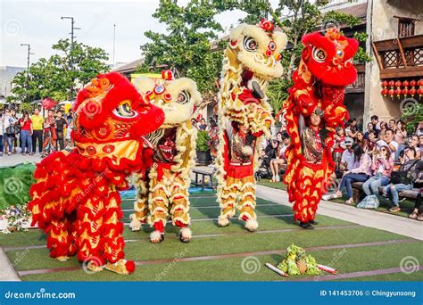 Close Up Of Red And Yellow Lion Head Lion Dance Is A Form Of