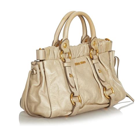 Miu Miu Brown Vitello Shine Satchel Beige Leather Pony Style Calfskin