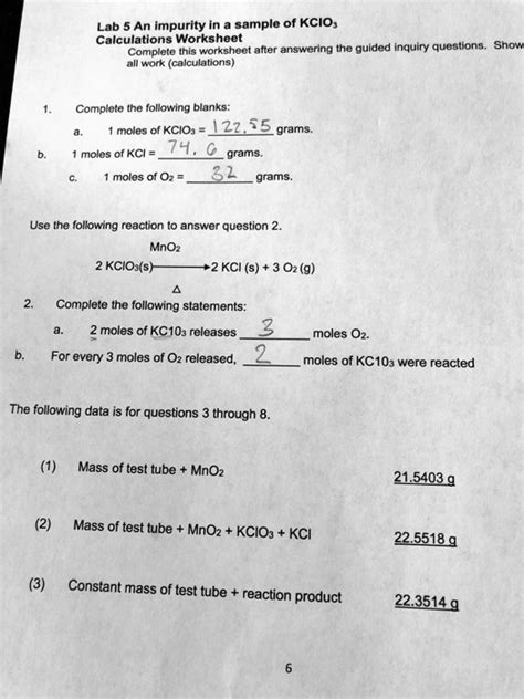 Solved Lab An Impurity In Sample Of Kcios Calculations Worksheet