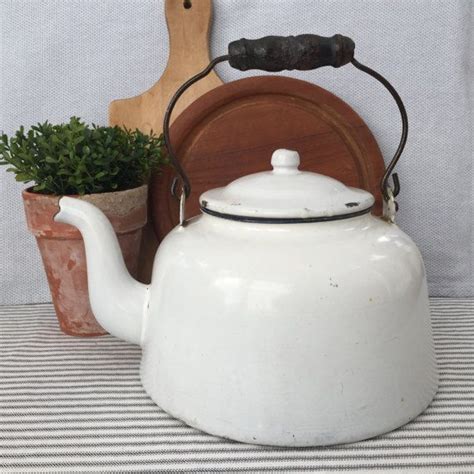 Gorgeous Very Large White Enamelware Tea Kettle With Black Etsy