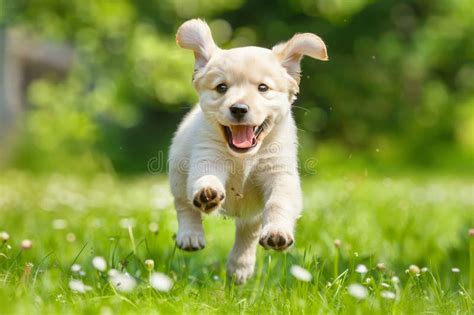 White Pomeranian Puppy Running On Green Grass In Minimalist Setting