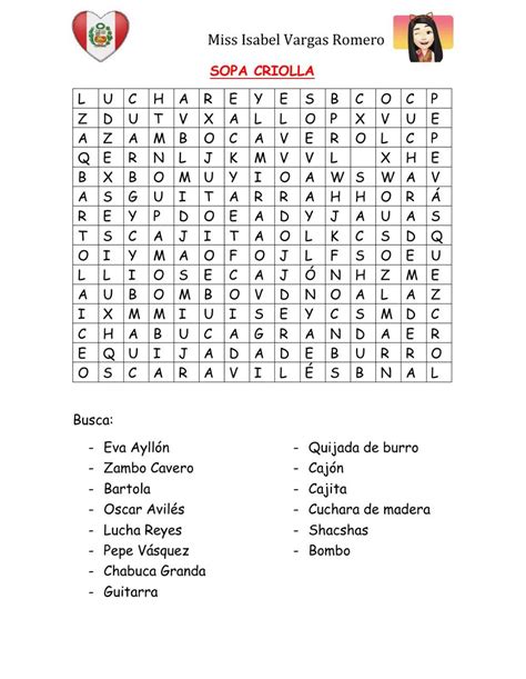 Dia de la canción criolla peruana worksheet Canciones Pupiletras La