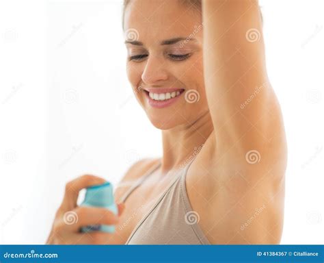 Happy Young Woman Applying Deodorant On Underarm Stock Image Image Of