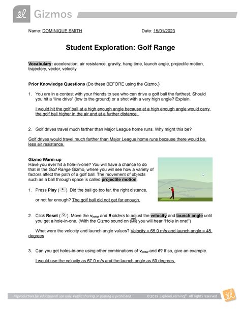 Golf Range Gizmo Worksheet Name Dominique Smith Date 1501 Student