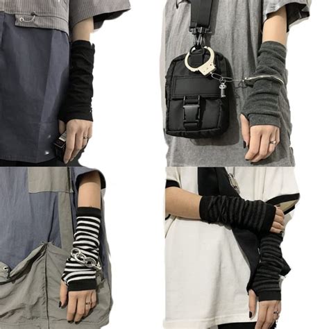 Fishjhan Pairs Arm Warmers Goth Emo Cosplay Fingerless Black Striped