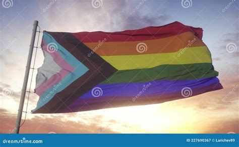 Progress Lgbt Flag Waving In The Wind Sky And Sun Background Lgbt