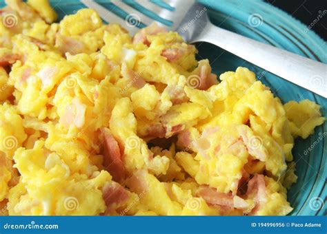 Close Up Of Scrambled Eggs With Ham Breakfast Stock Photo Image Of