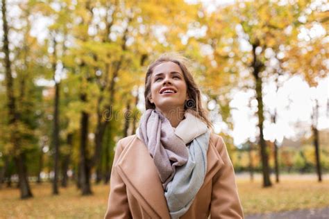 Beautiful Happy Young Woman Walking In Autumn Park Stock Photo Image