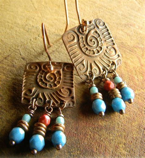 Southwestern Earrings Red Blue Mayan Rustic Copper Jewelry