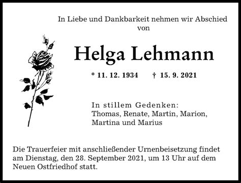 Traueranzeigen Von Helga Lehmann Augsburger Allgemeine Zeitung