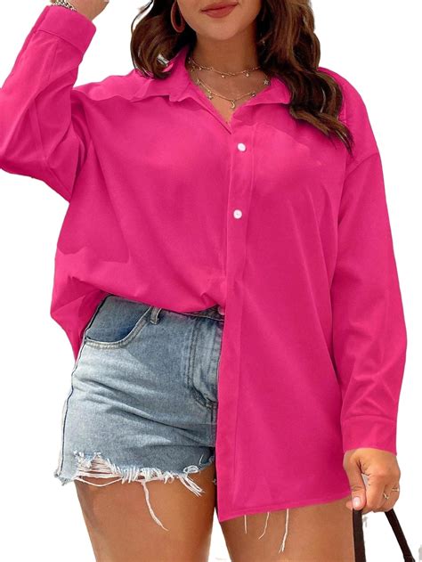 Casual Solid Shirt Long Sleeve Hot Pink Plus Size Blouses Women S Plus