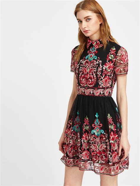 Embroidered Mesh Overlay Skater Dress Shein Sheinside