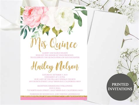 Blush Pink Floral Gold Glitter Quinceanera Invitation 29 Etsy