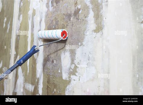 Covering The Plasterboard Wall With A Primer Using A Roller Stock Photo