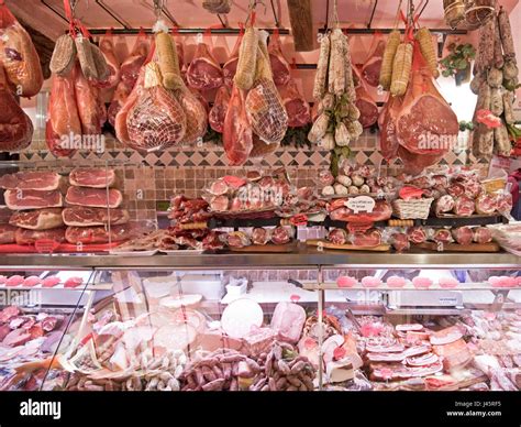 Interior view of a butcher, charcuterie, delicatessen, shop selling ...