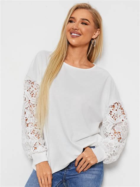 Solid Long Sleeve O Neck Lace Patchwork T Shirt For Women