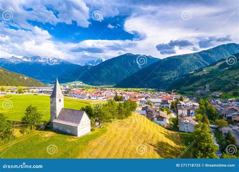 Idyllic Alpine Village Of Burgeis And Abbey Of Monte Maria View Stock