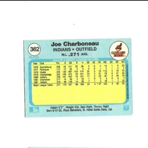 Fleer Baseball Card Joe Charboneau Ebay