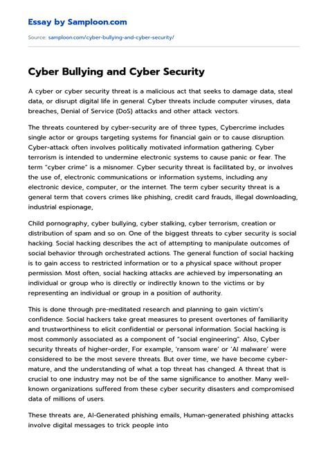 Cyber Bullying And Cyber Security Free Essay Sample On Samploon