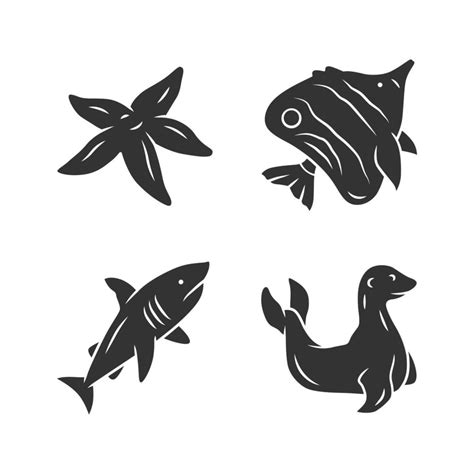 Sea Animals Glyph Icons Set Starfish Butterflyfish Shark Seal