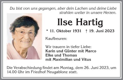 Traueranzeigen Von Ilse Hartig Allg Uer Zeitung