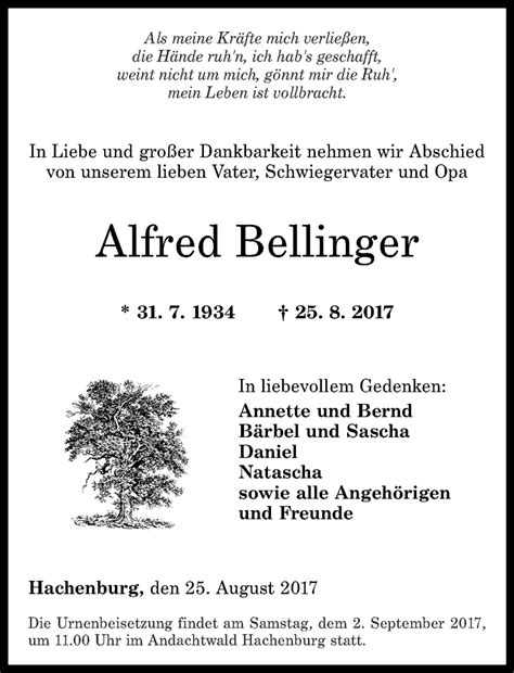 Traueranzeigen Von Alfred Bellinger Rz Trauer De