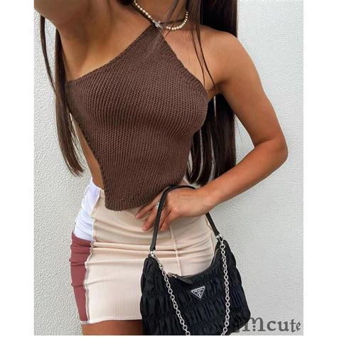 Imcute Summer Women Sexy Chest Wrap Solid Color Hanging Neck Lace Up Sleeveless Knitted