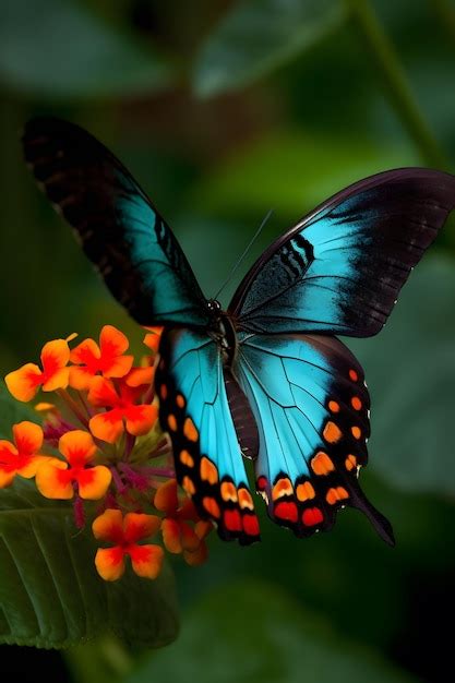 Uma Borboleta Azul Asas Pretas E Manchas Laranja Nas Asas Foto