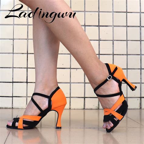 Ladingwu Salsa Jazz Ballroom Latin Dance Orange Shoes For Dancing Women