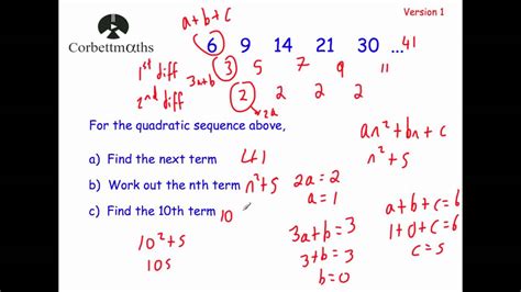 Quadratic Sequences Version 1 Corbettmaths Youtube