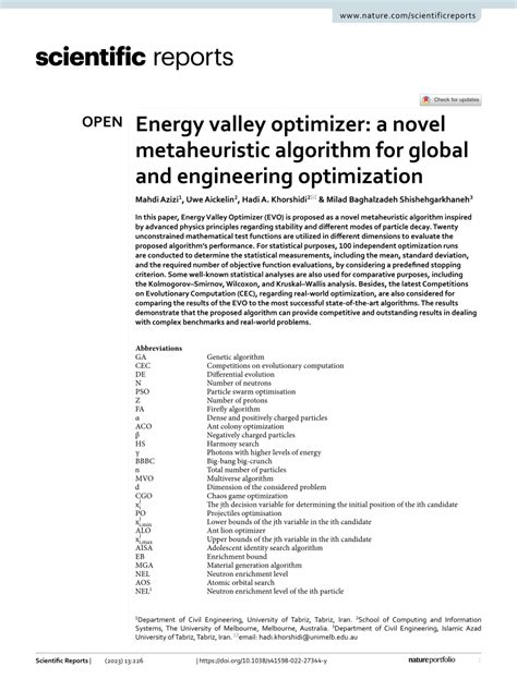 PDF Energy Valley Optimizer A Novel Metaheuristic Algorithm For