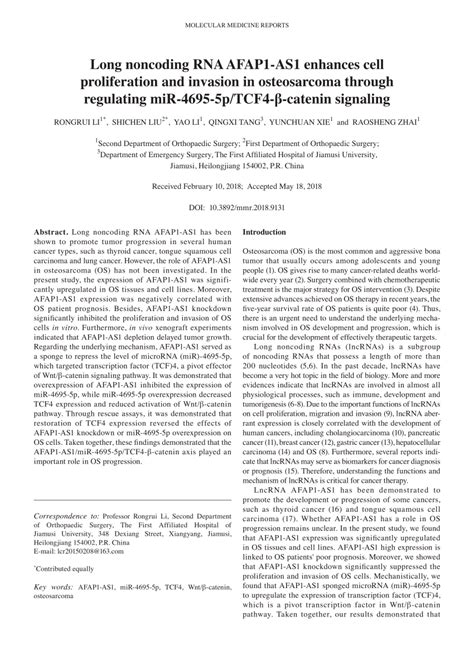 Pdf Long Noncoding Rna Afap1‑as1 Enhances Cell Proliferation And Invasion In Osteosarcoma