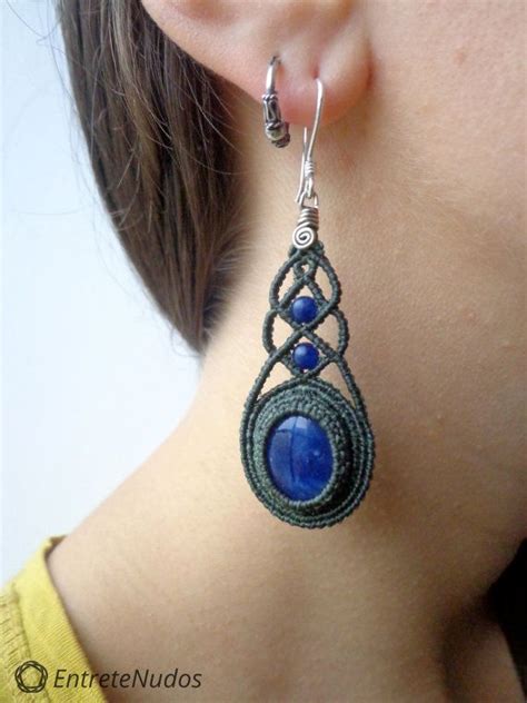 Wonderful Long Dark Green Macrame Earrings With A Sodalite Stone And