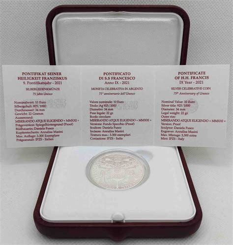 Vatican 10 Euro Silver Coin 75 Years UNESCO 2021 Euro Coins Tv