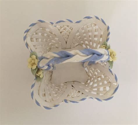 Porcelain Open Weave Trinket Basket Blue And White With Yellow Rose