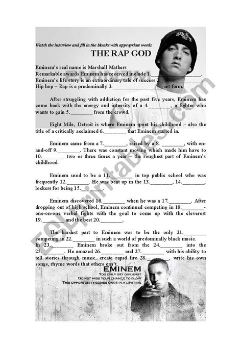 The Rap God Esl Worksheet By Veezio